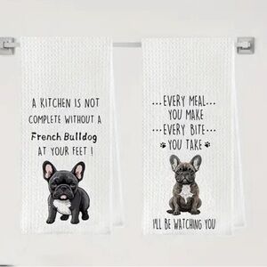 2 piece Funny French Bulldog Dish Towels Set - Waffle Weave Kitchen hand towel